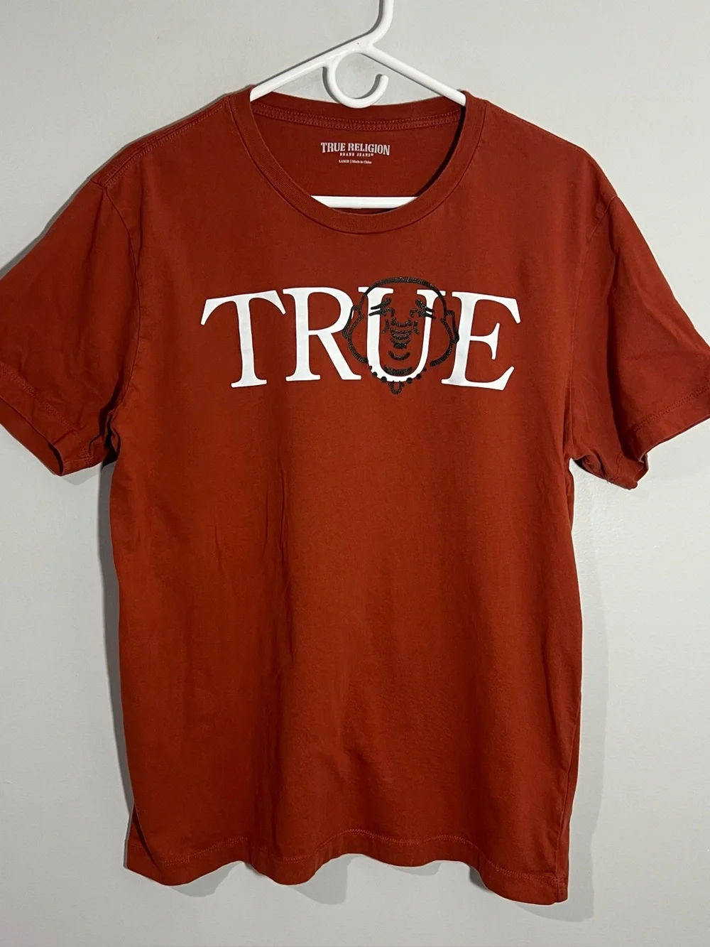 True Religion Buddha Burnt Sienna Orange White Short Sleeve T-Shirt Mens Large